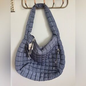 NWT Free People Quilted Shoulder Hobo Carryall Bag in Slate Blue
